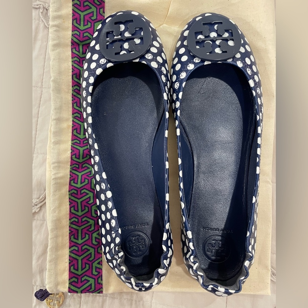 Tory Burch blue and white polka dot Minnie travel ballet flats